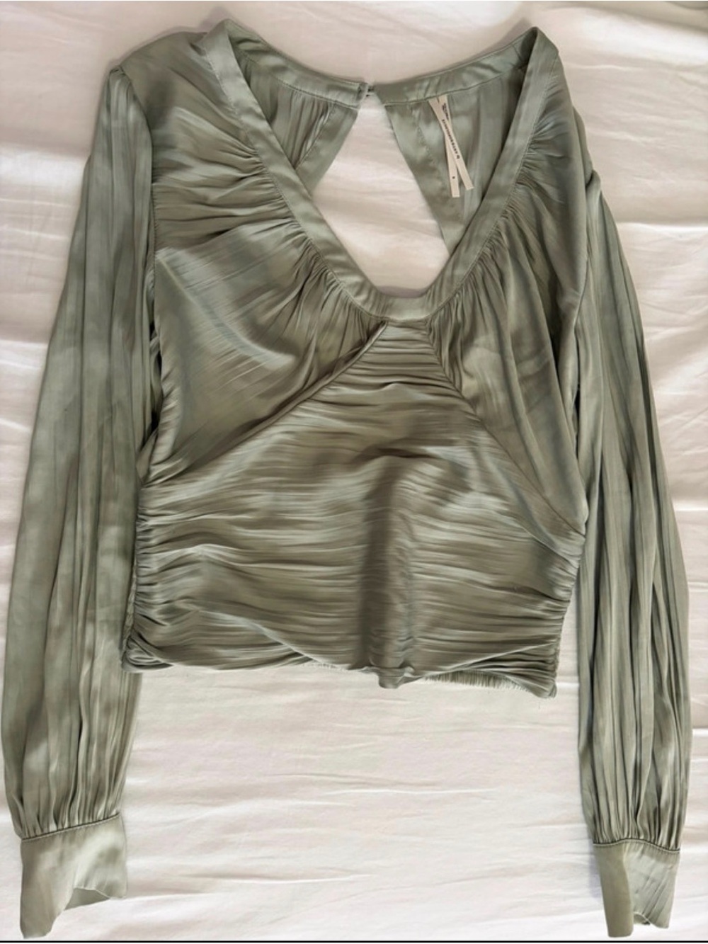 Anthropologie Sage Green Satin V-Neck Ruched Long-Sleeve Blouse
